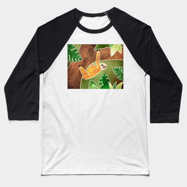 Three-toed Sloth Hanging around in the Jungle. Batik silk painting style. Baseball T-Shirt by DragonpupLees